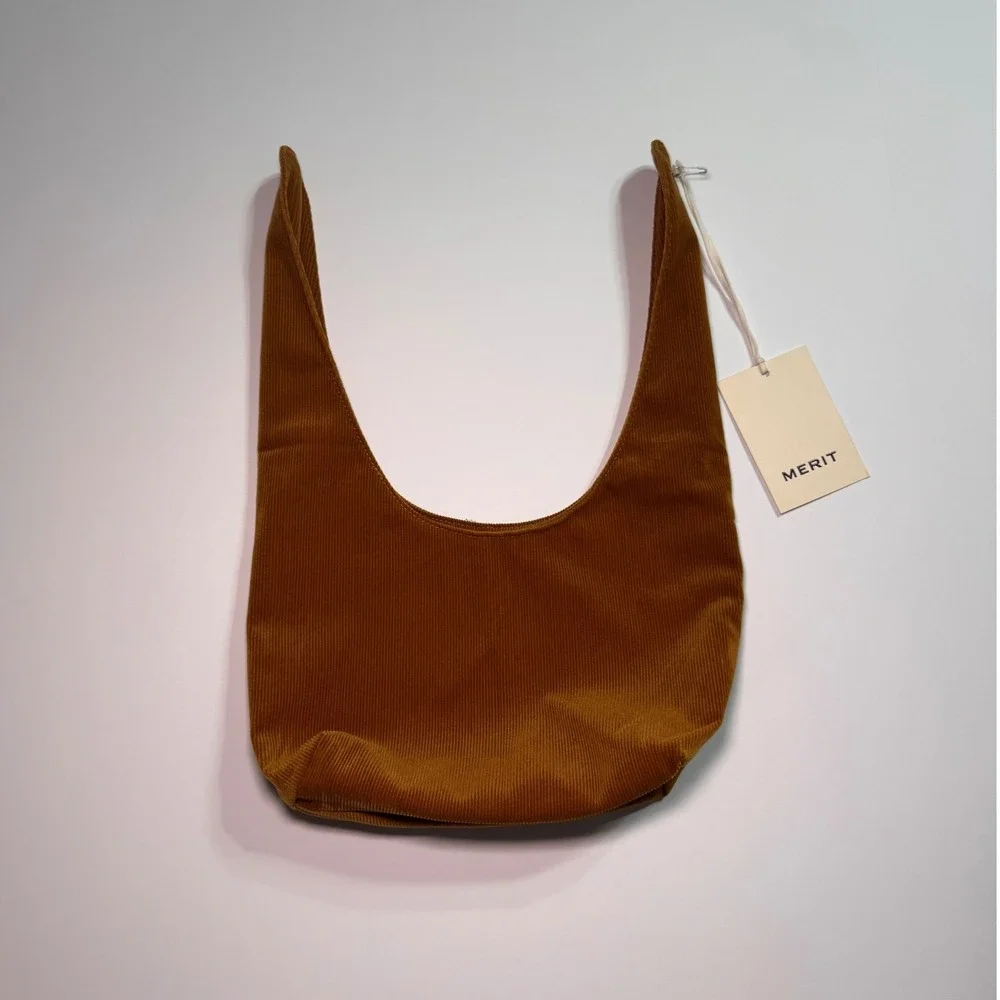 Merit Beauty Signature Bag Corduroy Ochre Brown Knotted Handle Tote NWT